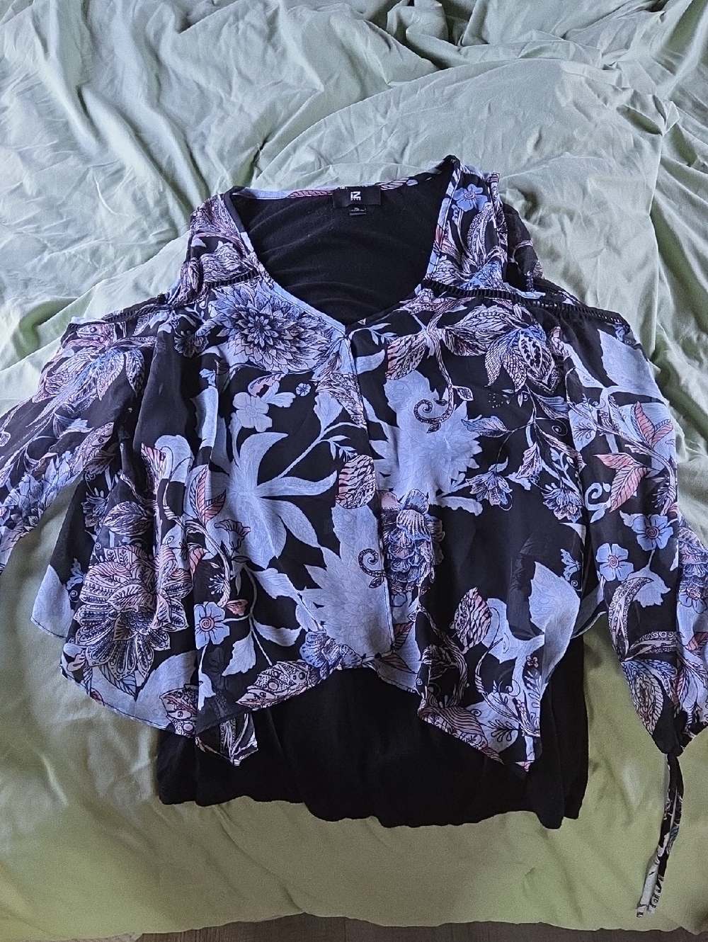 Iz Byer Black Floral Cold-Shoulder Top with Lavender Accents